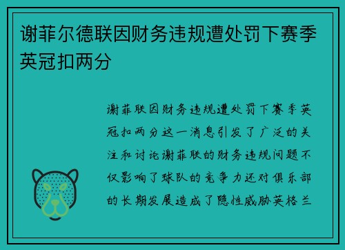 谢菲尔德联因财务违规遭处罚下赛季英冠扣两分